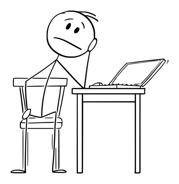 istock Tired or Sad Man Working on Computer at Home During Quarantine, Home Office , Vector Cartoon Stick Figure Illustration 1309551974