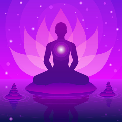 Silhouette human sitting and meditation on fantasy lotus background, vector illustration
