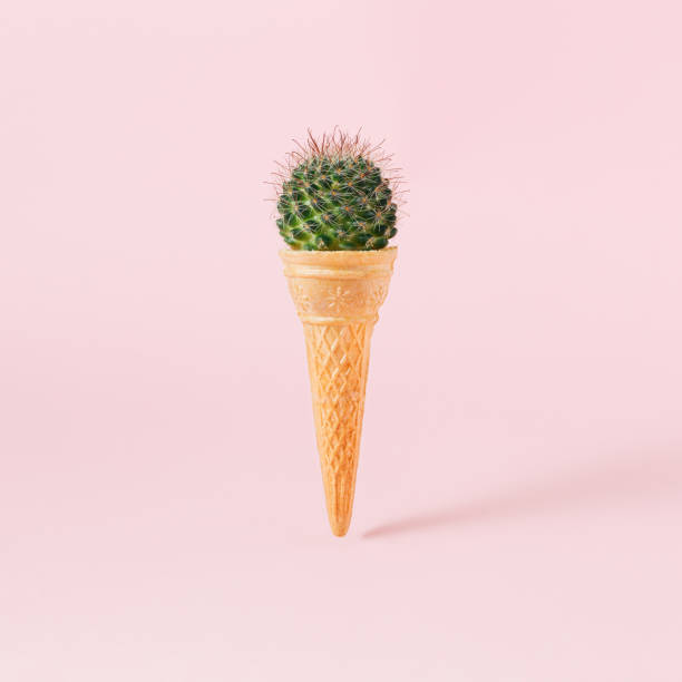 istock Ice cream cone with green cactus on pink background. Creative minimal concept. Holiday concept. 1309556520