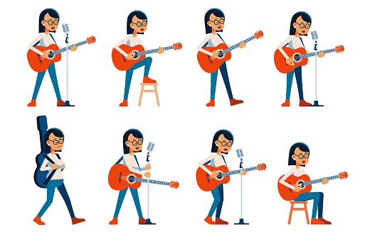 Woman guitarist singing in various poses. Girl Musician with acoustic guitar. Vector flat character.