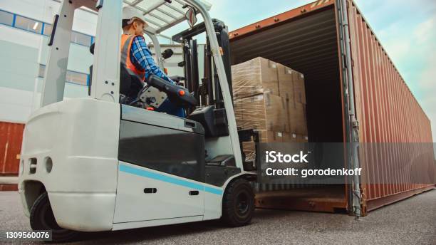 Forklift Driver Loading A Shipping Cargo Container With A Full Pallet With Carboard Boxes In Logistics Operations Port Terminal Stock Photo - Download Image Now