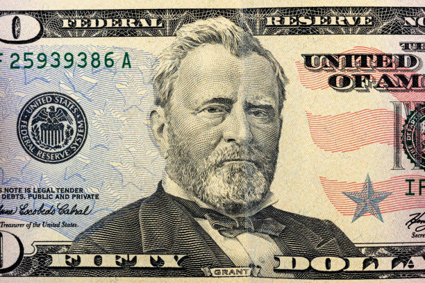 US president Ulysses Grant portrait on 50 dollar bill, United States money closeup stock photo
