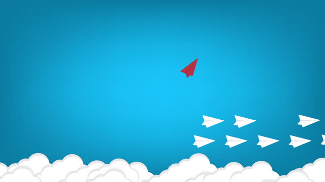 Think differently concept. Be different. Red airplane changing direction. New idea, change, trend, courage, creative solution, innovation and unique way concept. Animation.