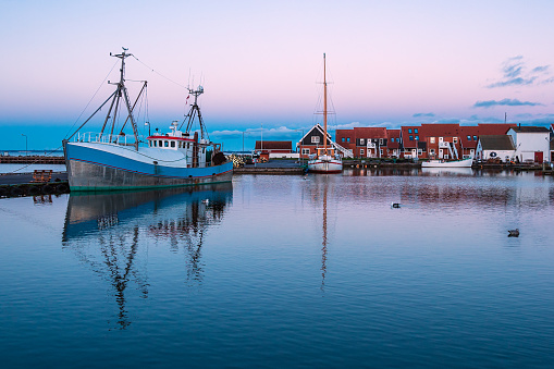 View to the port of Klintholm Havn in Denmark.