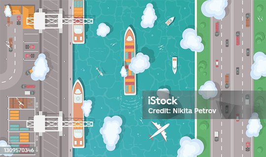 istock Illustration of a cargo port in flat style. Top view of the harbor. 1309570346