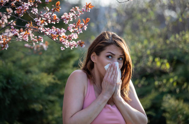 istock Girl sneezing in front of blooming tree as allergy symptom 1309570574