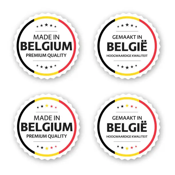 Vector illustration of Set of four Belgian labels. Made in Belgium In Dutch Gemaakt in België. Premium quality stickers and symbols with stars. Simple vector illustration isolated on white background