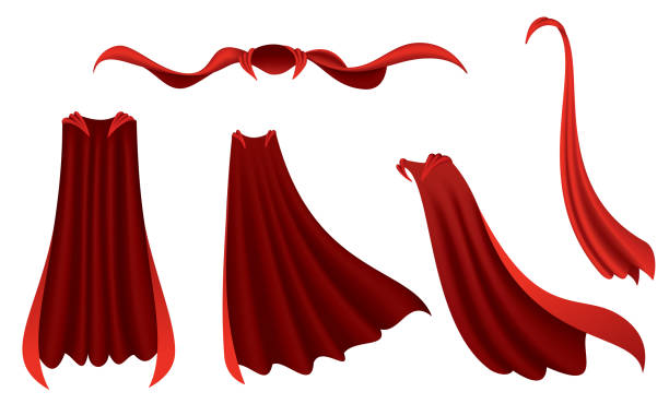 istock Superhero red cape. Scarlet fabric silk cloak in different position, front and side view. Carnival masquerade dress, 3d realistic costume design. Silk flying capes 1309574946