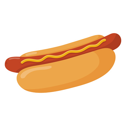 Fast food meal. American hot dog with mustard isolated on white background. Vector illustration