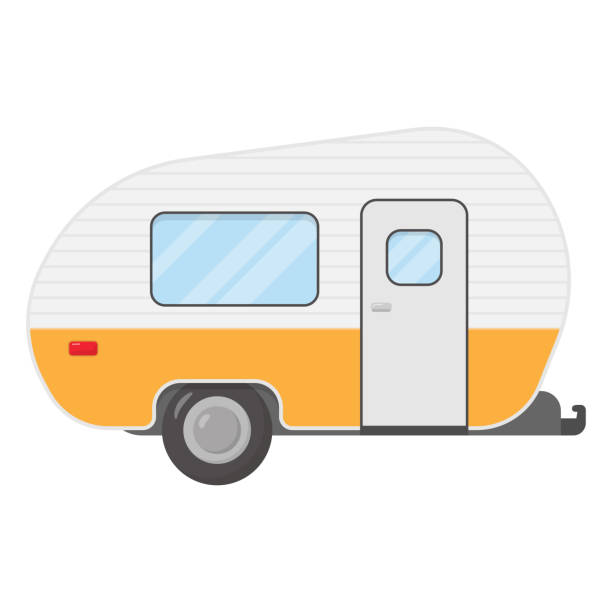 illustrazioni stock, clip art, cartoni animati e icone di tendenza di roulotte rimorchio, camper, casa mobile per vacanze in campagna. rimorchi da campeggio con vista laterale - vehicle trailer illustrations