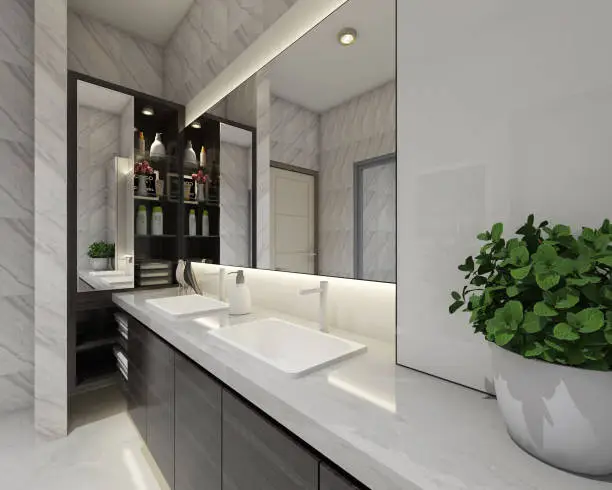 Bathroom Design With Modern Washbasin Cabinet. Using mirror glass panel and shelving racks display cabinet. Interior bathroom in modern and luxurious style.