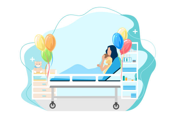 ilustrações, clipart, desenhos animados e ícones de mulher feliz em trabalho de parto com um bebê recém-nascido - cesarean