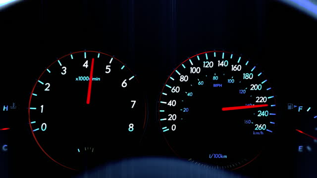 Closeup of speedometer and tachometer during car race