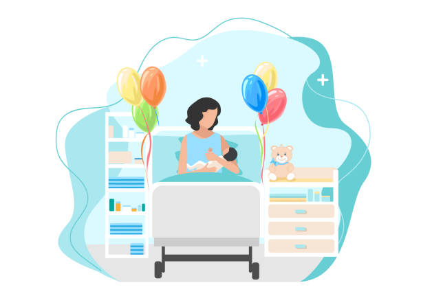 ilustrações de stock, clip art, desenhos animados e ícones de happy woman in labor with a newborn baby - cesarean