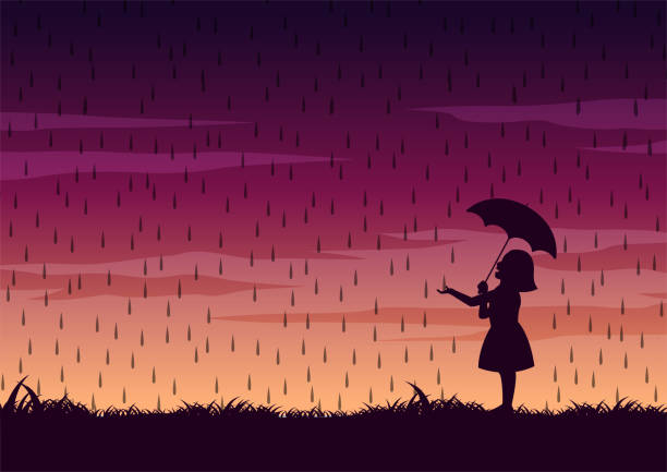 ilustrações, clipart, desenhos animados e ícones de design silhueta de menina e guarda-chuva no meio da chuva - wet dress rain clothing