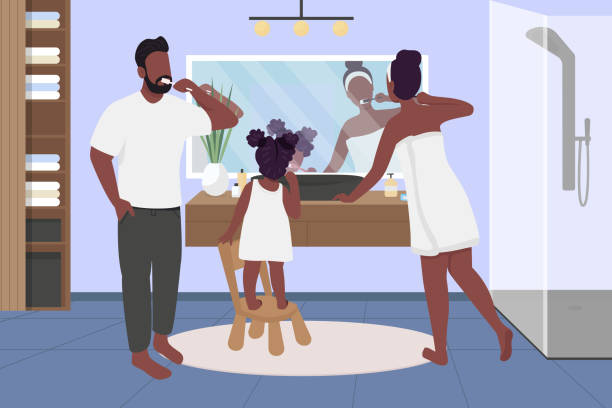 Family brushing teeth flat color vector illustration Family brushing teeth flat color vector illustration. Morning, evening routine. Teach hygiene. African american parents with daughter in bathroom 2D cartoon characters with interior on background black man brushing teeth stock illustrations