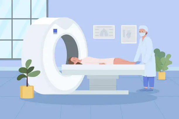 Vector illustration of MRI scanning at hospital flat color vector illustration