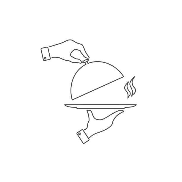 ikon garis datar pelat tertutup. ilustrasi vektor - butler holding food ilustrasi stok