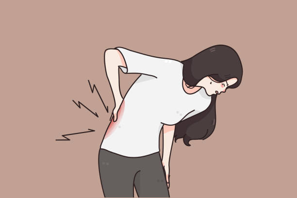 ilustraciones, imágenes clip art, dibujos animados e iconos de stock de sufriendo de concepto crónico de dolor de espalda - body care body the human body female