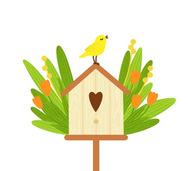 Vector illustration of Flat vector illustration with nesting box with cute little bird. Vector composition with wooden birdhouse, orange flowers, green leaves, yellow bird. Spring composition.