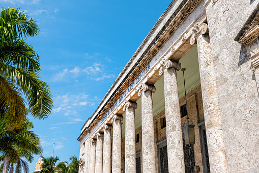 Fort Myers, USA - April 29, 2018: Side view of Sidney and Berne Davis Art center building in Florida of classical architecture columns for music events, exhibition and performance