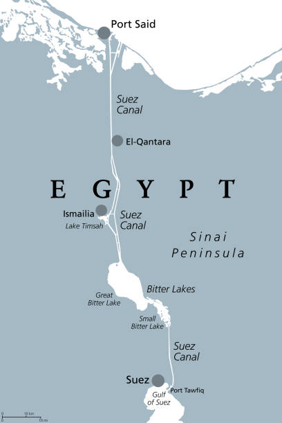 illustrazioni stock, clip art, cartoni animati e icone di tendenza di canale di suez, corso d'acqua artificiale sul livello del mare in egitto, mappa politica grigia - gulf of suez