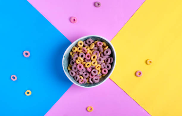 Multicolored fruit loops with natural colorants in the ceramic bowl