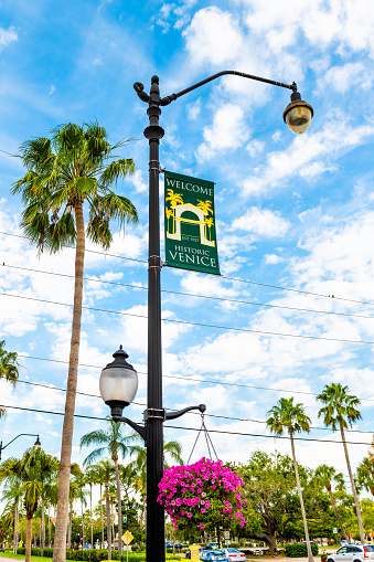 Venice, USA - April 29, 2018: Welcome sign on lamp pole post in small Florida Italian retirement city town in gulf of Mexico with palm trees, hanging basket of calibrachoa flowers