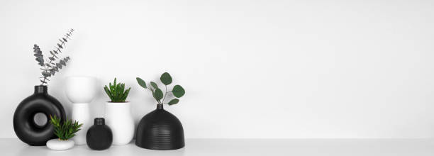istock Modern black and white home decor and plants on a white shelf against a white wall banner 1309593292