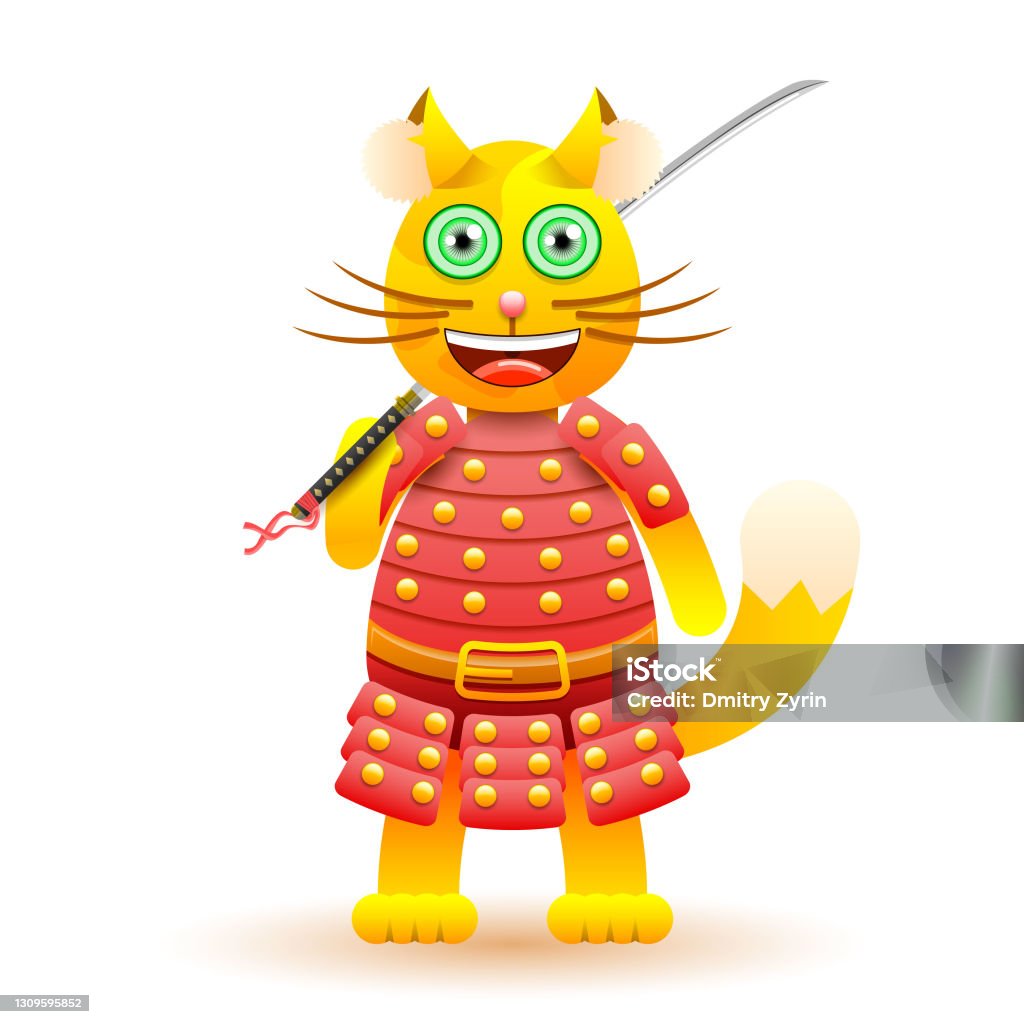 Abstrakte Katze Ninja Tier Mit Roten Rüstung Schwert Katana Krieger Süße  Vektor Stock Vektor Art und mehr Bilder von Aufkleber - iStock
