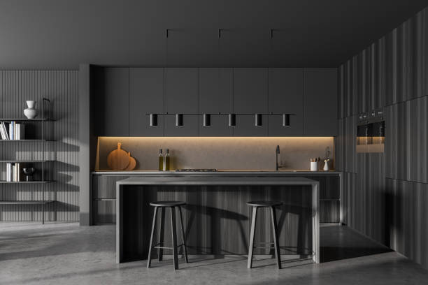 istock Grey kitchen room with dining table and chairs, marble floor 1309596038