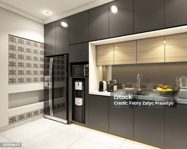 Kitchen Cabinet Design In Monocrhome Concept And Industrial Style Stock Photo - Download Image Now