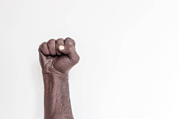 Male hand clenched into a fist on a white background. A symbol of the struggle for the rights of blacks in America. Protest against racism. Male hand clenched into a fist on a white background. A symbol of the struggle for the rights of blacks in America. Protest against racism george floyd protests stock pictures, royalty-free photos & images
