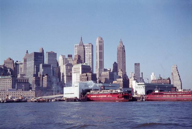 New York City, NY, USA, 1964. Manhattan southern tip with docks seen from Upper Bay