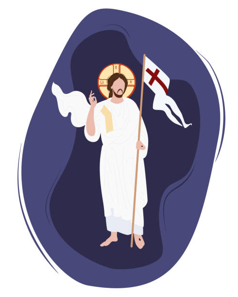 ilustrações, clipart, desenhos animados e ícones de domingo de páscoa. cristo ícone vitorioso. feriado religioso - a ressurreição de cristo. ele conquistou a morte e ressuscitou. cristo está com a bandeira da vitória e um gesto de bênção. vetor - conquered