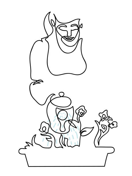 istock One line drawing of  woman watering plant. 1309599300