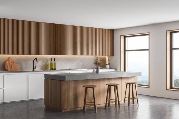 istock Bar counter in white and wooden kitchen corner 1309599521