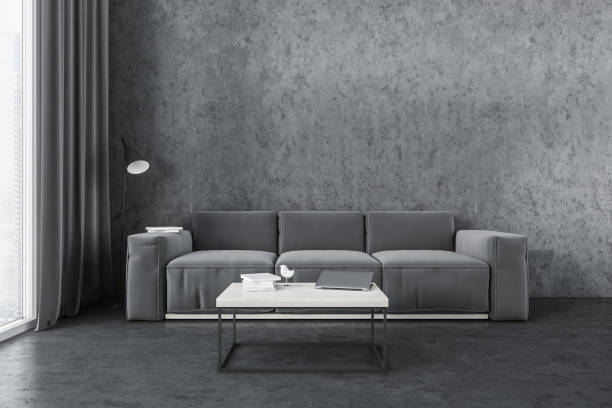 istock Grey sofa in living room near window and grey wall with coffee table 1309600242