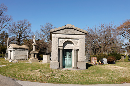 Brooklyn, NY, USA, March 27, 2021: tombstones at Green Wood cemetery in Brooklyn, NY, USA