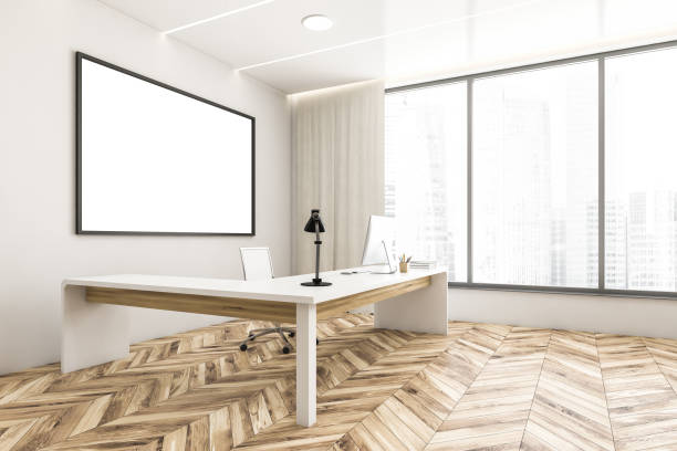 istock Mockup frame in white and wooden office room with table on parquet floor 1309600631