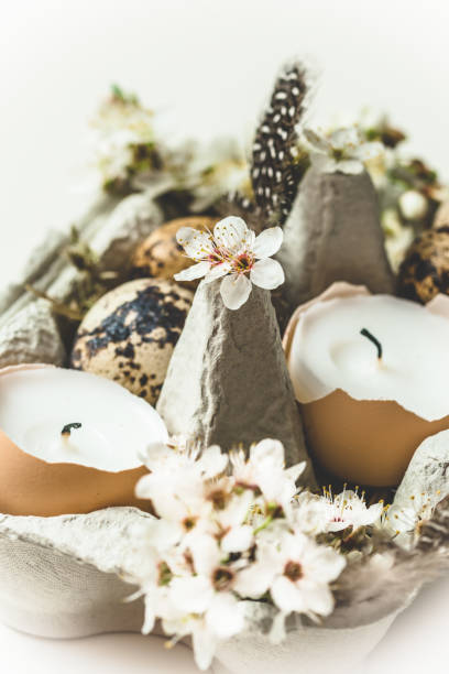istock Candles in eggshells, quail eggs and white apple tree blossoms on a wooden tray as natural Easter decoration, vertical with white background 1309601617