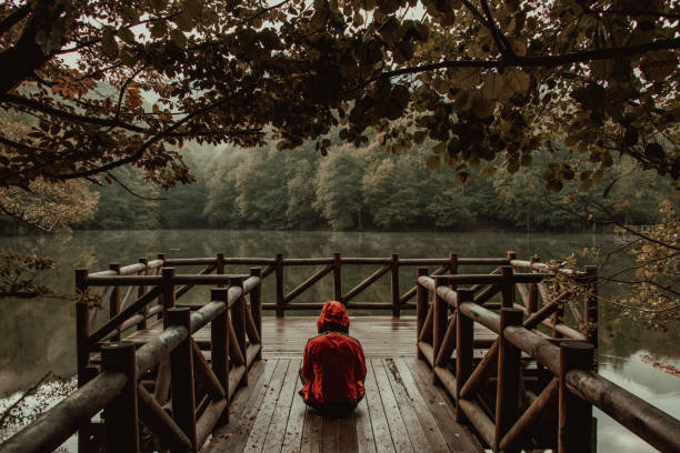 istock Man is staying on bridge in forest 1309601631