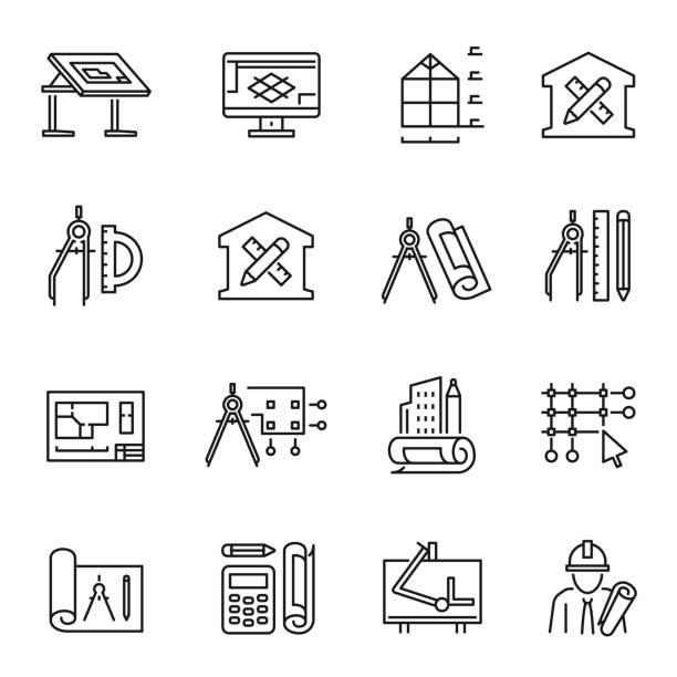간단한 흑백 건축 계획 아이콘 벡터 건설 설계 엔지니어링의 컬렉션 - architectural parts stock illustrations