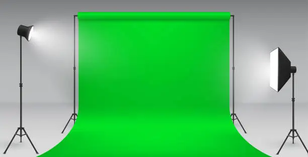 Vector illustration of Realistic chroma key studio template vector equipment photo video shooting green screen spotlight