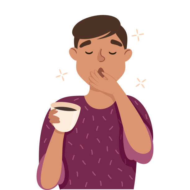bildbanksillustrationer, clip art samt tecknat material och ikoner med sömnig man med kopp kaffe gäspning som täcker munnen med sin hand känsla behov av sömn vektor illustration - yawn