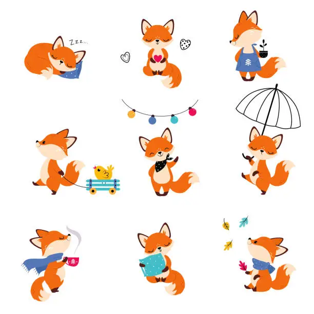 Vector illustration of Cute Little Fox Sleeping on Pillow, Walking with Umbrella and Waving Paw Vector Set