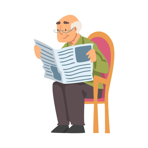 istock Grey-haired Grandpa in Glasses Sitting on Chair and Reading Newspaper Vector Illustration 1309604347