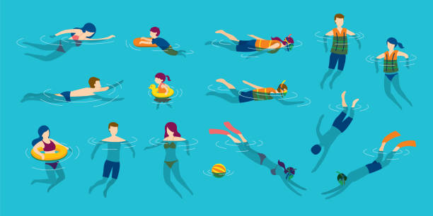 menschen schwimmen und tauchen im meer oder pool - life jacket stock-grafiken, -clipart, -cartoons und -symbole