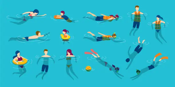 Vector illustration of People Swimming and Diving in the Sea or Pool