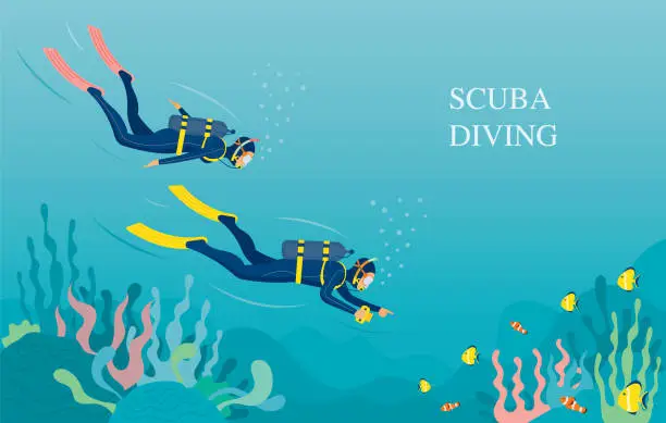Vector illustration of Couple Scuba Diving in Underwater Background